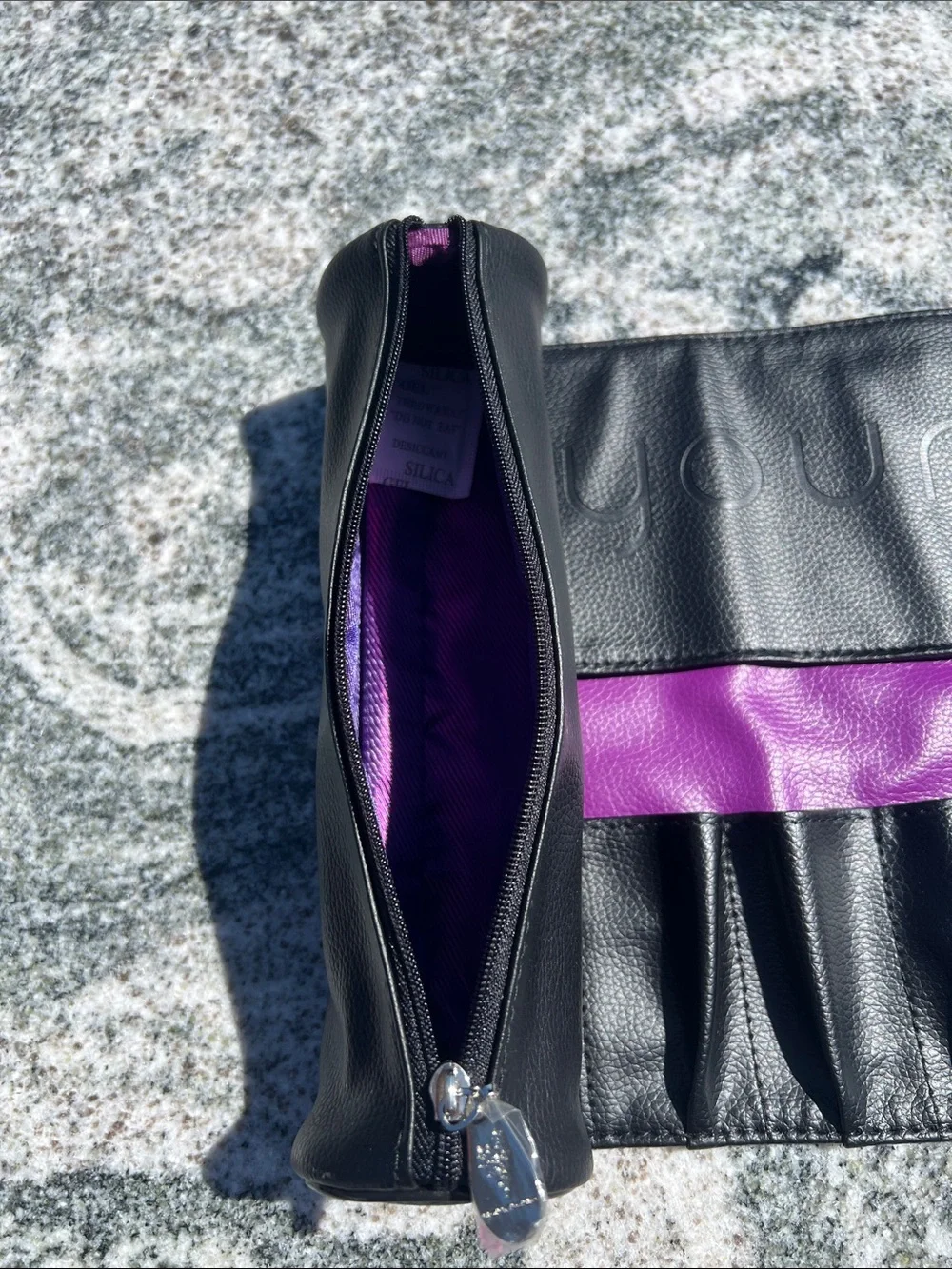 Black Leather Roll makeup brush Case - Compact Travel Pouch